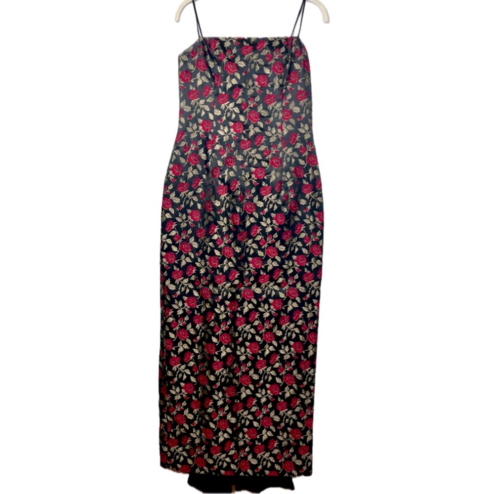 VTG Jessica McClintock Gunne Sax Dress Junior Size 7 Black Rose Brocade Bustle